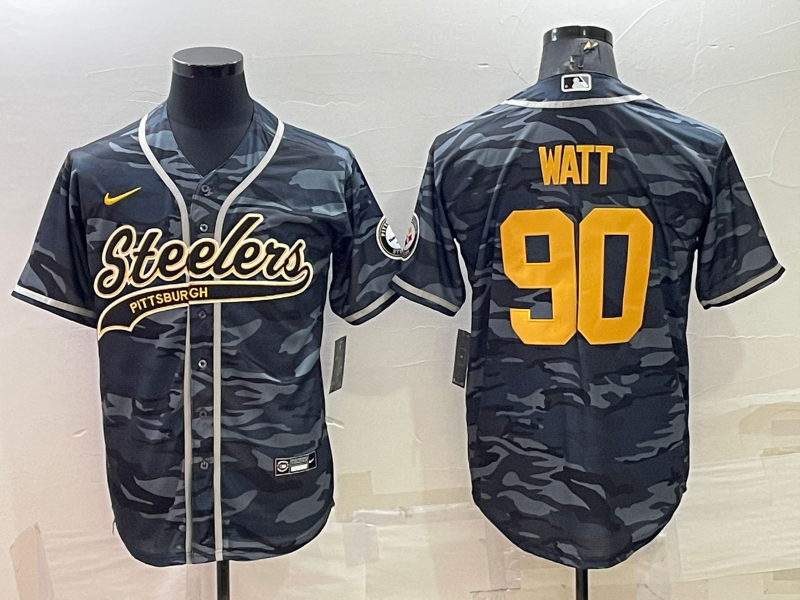 Men's Pittsburgh Steelers #90 T. J. Watt Grey/Navy Camo With Patch Cool Base Stitched Baseball Jersey Men's Pittsburgh Steelers #90 T. J. Watt Grey/Navy Camo With Patch Cool Base Stitched Baseball Jersey